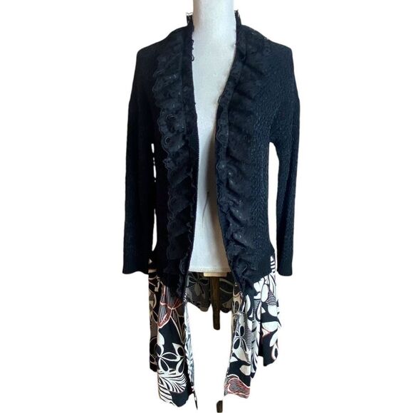 Loft Women's Med Black Thin Knit Tropical Ruffle Open Cardigan Sweater - Picture 1 of 5